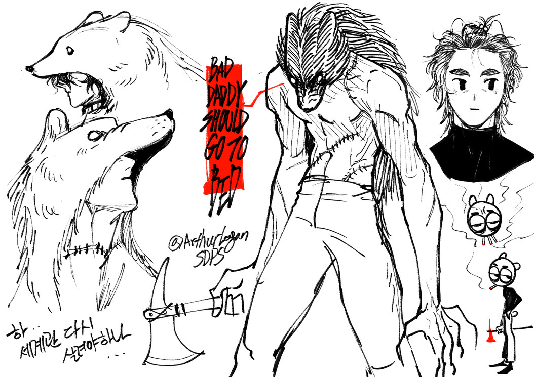 1boy animal_ears arthurlogansdps axe bear_boy bear_ears bear_pelt claws commentary_request english_text holding holding_axe korean_commentary korean_text male_focus mixed-language_text multiple_views original pelt short_hair stitches topless_male translation_request