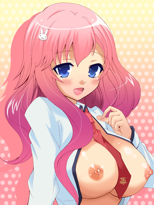 1girl bad_id bad_pixiv_id baka_to_test_to_shoukanjuu blue_eyes blush breasts covered_erect_nipples female_focus himeji_mizuki long_hair necktie nipples pink_hair saipin school_uniform solo