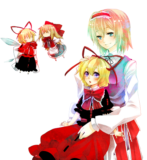 2girls 4girls alice_margatroid apron bad_id bad_pixiv_id blonde_hair blue_eyes blush bow bowtie doll dress female_focus gradient_hair hair_bow hairband hand_on_another&#039;s_head headpat long_hair medicine_melancholy multicolored_hair multiple_girls ribbon shanghai_doll short_hair simple_background smile su-san touhou wings yutazou |_|