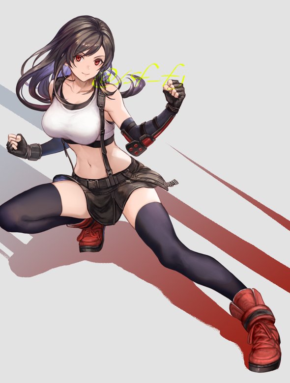 1girl asymmetrical_bangs bare_shoulders belt black_hair black_skirt black_thighhighs blouse breasts elbow_pads fighting_stance final_fantasy final_fantasy_vii final_fantasy_vii_remake fingerless_gloves full_body gloves grey_background large_breasts long_hair midriff navel red_eyes sasanomesi shirt skirt solo sports_bra suspender_skirt suspenders thighhighs tifa_lockhart white_shirt