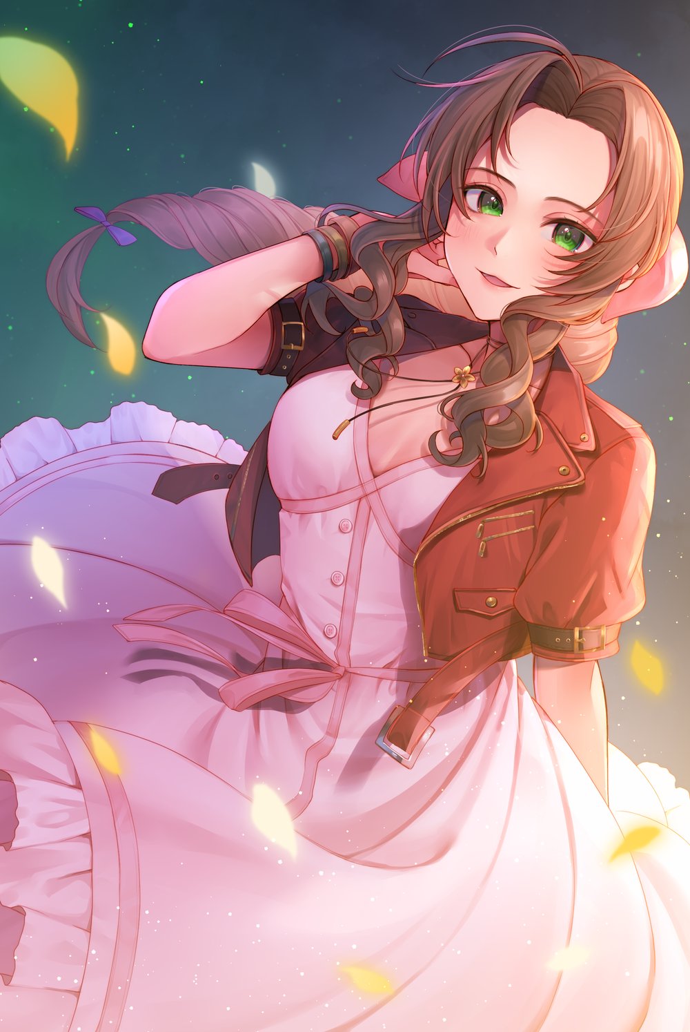 1girl aerith_gainsborough bangle blurry blurry_foreground bracelet braid braided_ponytail breasts brown_hair choker cleavage cowboy_shot cropped_jacket dress falling_petals final_fantasy final_fantasy_vii final_fantasy_vii_remake flower_choker green_eyes hair_ribbon hand_in_own_hair highres jacket jewelry light_blush long_dress long_hair looking_at_viewer medium_breasts momoirone parted_lips petals pink_dress pink_ribbon puffy_short_sleeves puffy_sleeves red_jacket ribbon short_sleeves sidelocks single_braid smile solo wavy_hair