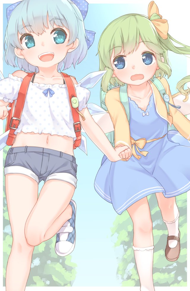 2girls :d adapted_costume alternate_costume bare_shoulders blue_dress blue_eyes blue_hair blush bobby_socks border bow cirno collarbone commentary_request commission d: daiyousei day dress fairy_wings flat_chest foot_out_of_frame green_hair hair_bow holding_hands ice ice_wings looking_at_another mary_janes midriff multiple_girls navel off-shoulder_shirt off_shoulder one_side_up open_mouth outdoors outside_border plaid polka_dot polka_dot_bow puffy_short_sleeves puffy_sleeves running sakurea shirt shoes short_hair short_sleeves skeb_commission smile socks touhou white_border white_legwear wings yellow_bow