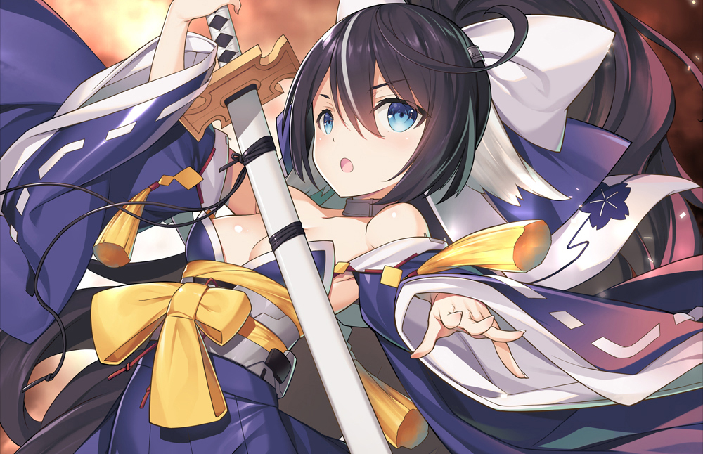 1girl :o azur_lane bare_shoulders black_hair blue_eyes blue_kimono breasts cleavage collar commentary_request detached_sleeves fingernails hair_between_eyes hair_ribbon holding holding_sword holding_weapon japanese_clothes katana kikuchi_seiji kimono long_sleeves looking_at_viewer medium_breasts multicolored_hair obi open_mouth ribbon sash sheath sheathed sidelocks solo streaked_hair sword weapon wide_sleeves yoizuki_(azur_lane)