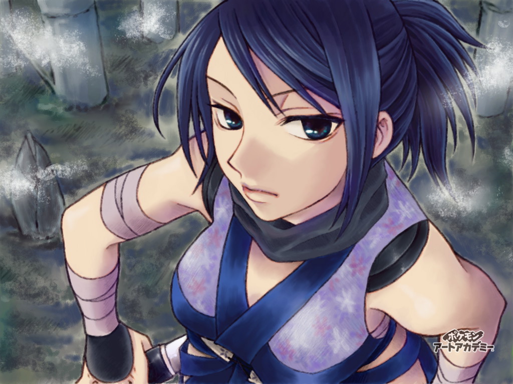 1girl ai_zen aizen_(syoshiyuki) artist_request ayame_(tenchuu) bamboo bamboo_forest bamboo_shoot black_scarf blue_eyes blue_hair breasts female_focus forest japanese_clothes looking_at_viewer matching_hair/eyes nature ninja sarashi scarf solo tenchuu text_focus translated