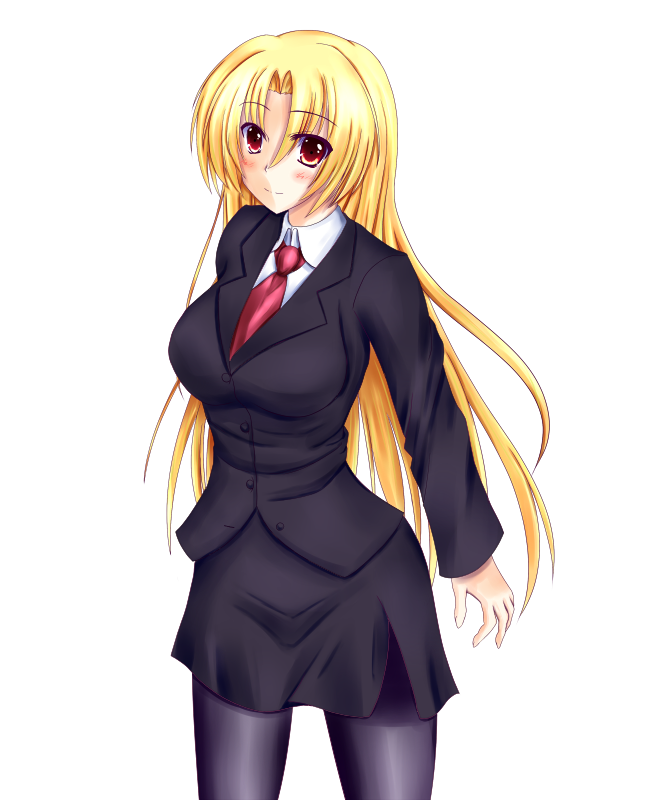 1girl bad_id bad_pixiv_id black_pantyhose blonde_hair blush breasts female_focus kaima long_hair necktie original pantyhose red_eyes solo white_background