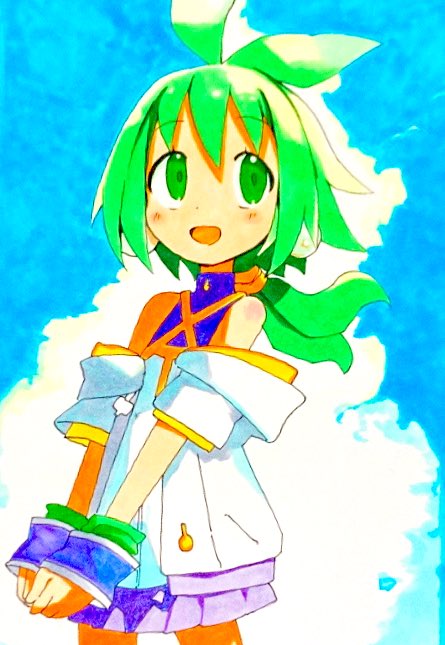 1girl antenna_hair bare_shoulders blue_sky blush cloud green_eyes green_hair jacket long_hair looking_up marker_(medium) marona_(phantom_brave) open_mouth phantom_brave phantom_brave:_yuurei_sendan_to_kieta_eiyuu ponytail shitorobo_416 skirt sky smile solo traditional_media