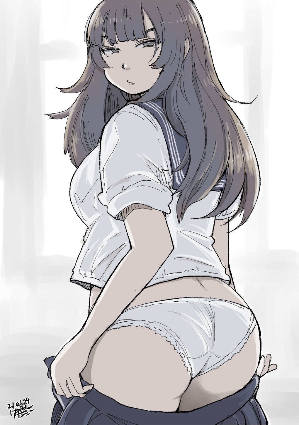 1girl ass black_skirt brown_eyes brown_hair dated hadashi_no_kenji highres indoors long_hair looking_at_viewer original panties school_uniform shirt skirt solo underwear undressing wedgie white_panties white_shirt