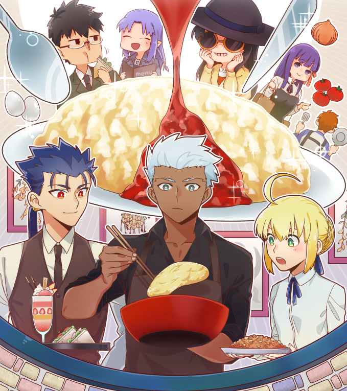 ahoge apron archer_(fate) artoria_pendragon_(fate) bag black_apron black_hat black_necktie black_shirt black_suit black_vest blue_hair breasts brown_apron bun_with_braided_base character_request chopsticks closed_eyes commentary_request cooking cu_chulainn_(fate) cu_chulainn_(fate/stay_night) dark-skinned_male dark_skin eating egg egg_(food) emiya_shirou fate/stay_night fate_(series) food formal_clothes frown glass grey_eyes grin hair_bun hat holding holding_chopsticks holding_food holding_plate holding_spatula holding_tray kiyoshita kuzuki_souichirou matou_sakura medea_(fate) necktie omelet omurice onion open_mouth paper_bag plate purple_eyes purple_hair red_eyes round_eyewear saber_(fate) sandwich shirt single_hair_bun small_breasts smile sparkle spatula spoon suit sunglasses tomato tray vest waiter white_hair