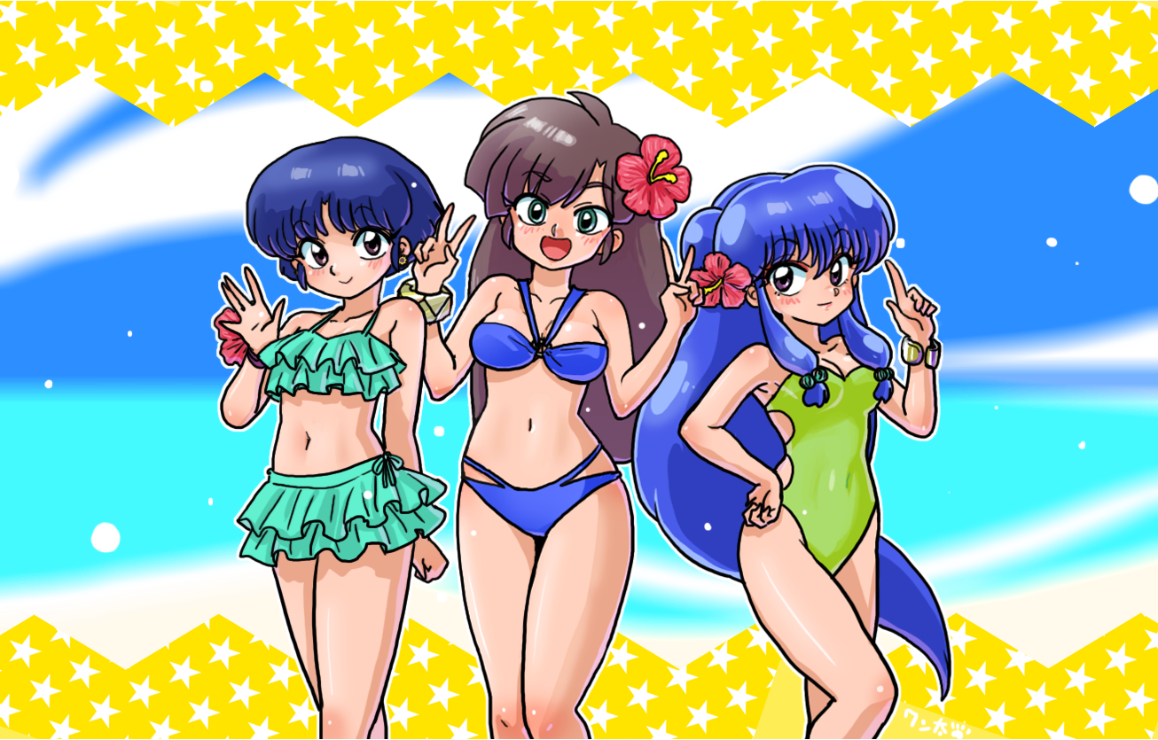Wanta Futoshi Kuonji Ukyou Shampoo Ranma 12 Tendou Akane Ranma 12 3girls Bikini
