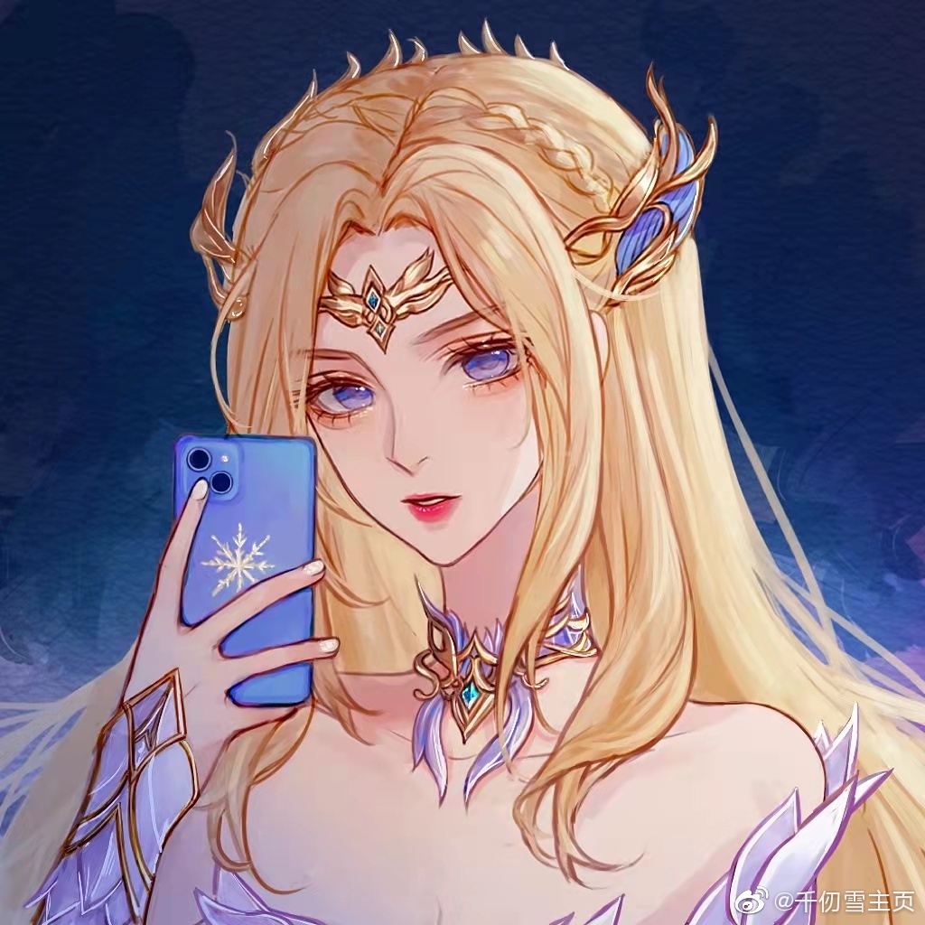 1girl bare_shoulders blonde_hair blue_background blue_eyes douluo_dalu dress expressionless hair_ornament long_hair phone qian_renxue_(douluo_dalu) qian_renxue_zhuye weibo_watermark white_dress