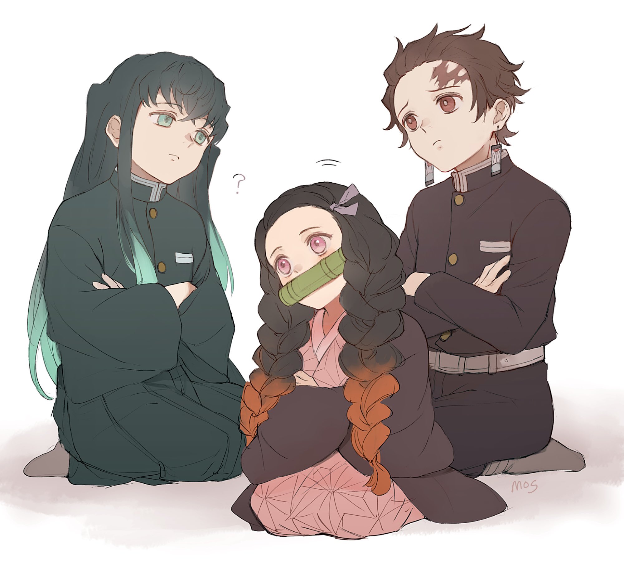 kamado nezuko, kamado tanjirou, tokitou muichirou, kimetsu no yaiba,  looking away, highres, 1girl, 2boys, ?, androgynous, aqua hair, asa no ha  (pattern), bamboo, black hair, black jacket, borrowed hairstyle, braid,  brother and