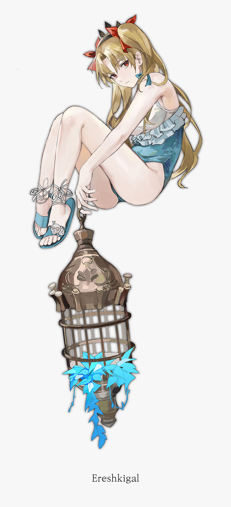 1girl birdcage black_tiara cage ereshkigal_(fate) fate/grand_order fate_(series) frilled_one-piece_swimsuit frills grey_one-piece_swimsuit headpiece highres holding holding_cage long_hair moonnew895 one-piece_swimsuit parted_bangs skull skull_ornament solo space_ereshkigal_(fate) space_ereshkigal_(first_ascension)_(fate) swimsuit tiara two-tone_one-piece_swimsuit two-tone_swimsuit two_side_up white_one-piece_swimsuit