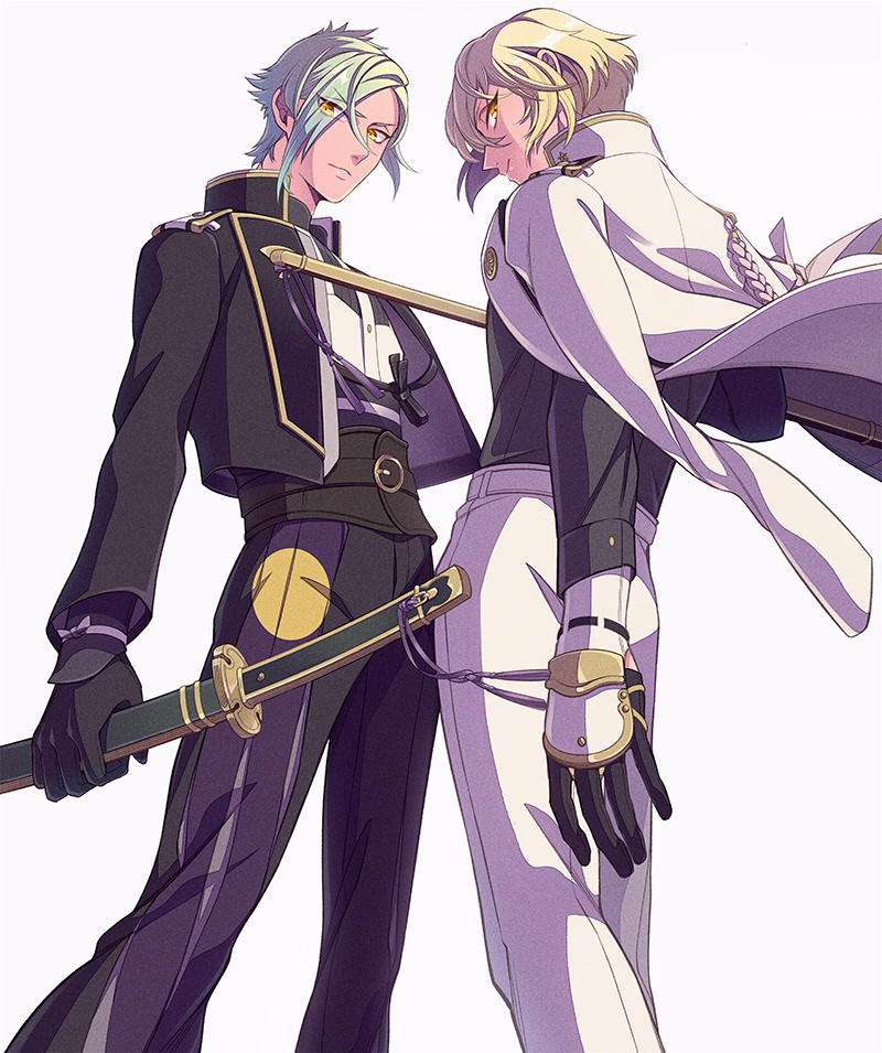 10s 2boys armor aya black_gloves blonde_hair eyes_visible_through_hair gloves green_hair hair_over_one_eye higekiri_(touken_ranbu) hizamaru_(touken_ranbu) holding holding_weapon jacket jacket_on_shoulders japanese_armor kote male_focus multiple_boys sheath sheathed touken_ranbu weapon yellow_eyes