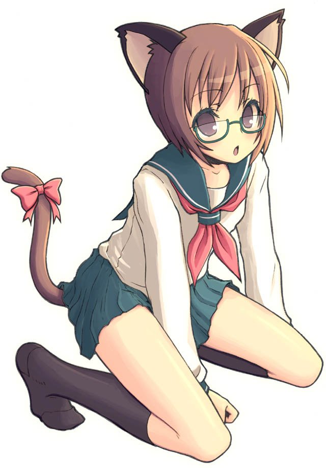 1girl animal_ears brown_eyes brown_hair cat_ears cat_tail glasses kimarin kneeling long_sleeves open_mouth original ribbon school_uniform serafuku short_hair socks solo tail tail_ornament tail_ribbon