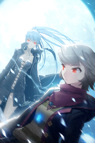 2girls beong-eoli blue_hair breasts brown_hair cleavage coat fingerless_gloves gloves gs_1st_star hood hoodie jewelry large_breasts long_hair lowres luthica_preventer luticar moon multiple_girls necklace panties ponytail red_eyes scarf short_hair snowing sweater sword_girls underwear