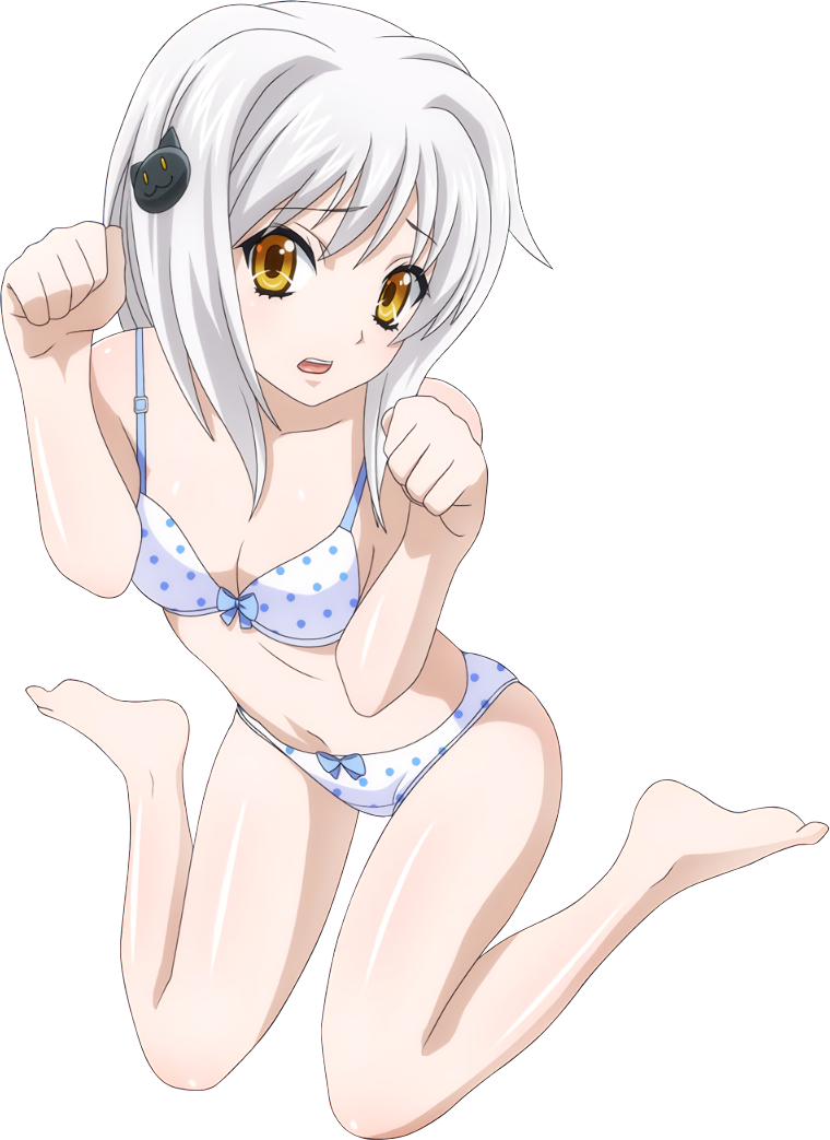 toujou koneko, high school dxd, silver hair, 10s, 1girl, bare shoulders,  barefoot, blue bow, bow, bra, breasts, cat hair ornament, cleavage,  collarbone, extraction, hair ornament, looking at viewer, navel, open  mouth, panties,