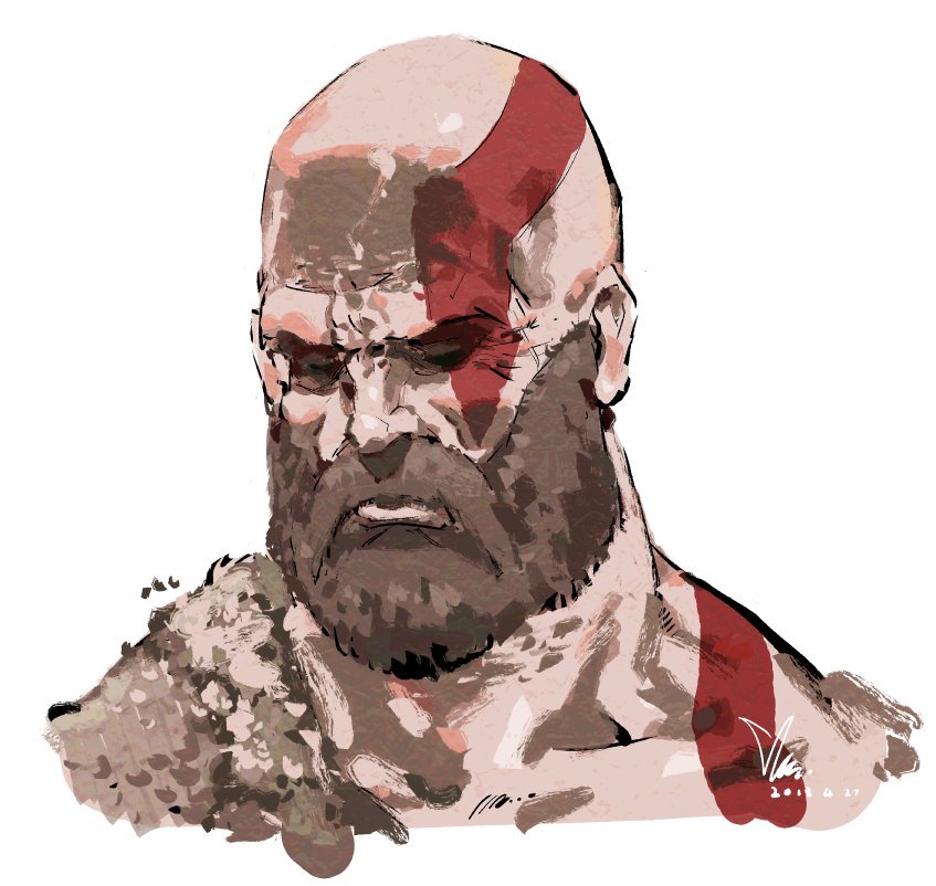 1boy bald beard bodypaint brown_fur closed_eyes closed_mouth collarbone commentary_request dated facepaint facial_hair facing_viewer god_of_war ireading kratos_(god_of_war) muscular muscular_male mustache portrait signature simple_background solo white_background