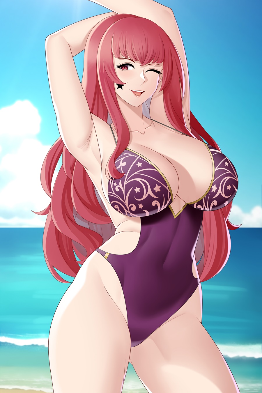 1girl alternate_costume aslindsamure beach bikini breasts cleavage female_focus fire_emblem fire_emblem_engage highres large_breasts nintendo ocean one-piece_bikini one_eye_closed pin_up red_eyes red_hair swimsuit wink yunaka_(fire_emblem)