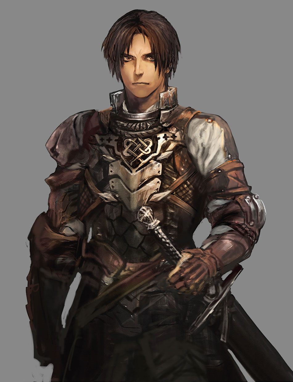 1boy arm_belt armlet armor breastplate brown_eyes brown_gloves brown_hair collar cowboy_shot gloves grey_background highres jewelry looking_at_viewer male_focus official_art pants partially_fingerless_gloves scabbard serious sheath simple_background solo standing stranger_of_sword_city sword unsheathed weapon white_background yoshinari_kou yoshinari_you