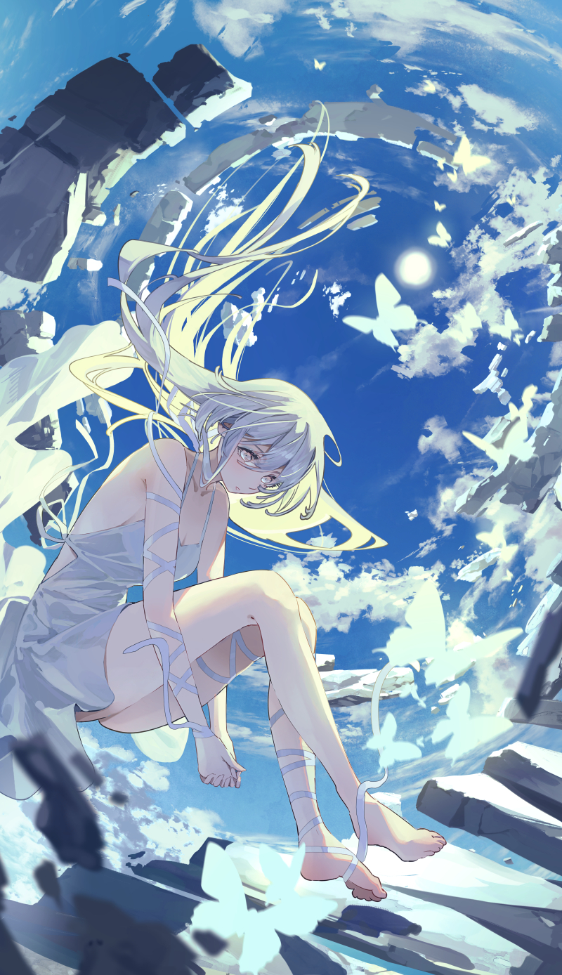 1girl arcaea bare_shoulders blue_sky breasts bug butterfly character_request cleavage commentary_request dress feet floating floating_hair floating_rock full_body grey_eyes highres insect long_hair looking_at_viewer medium_breasts ribbon sky solo syuri22 white_dress white_hair white_ribbon