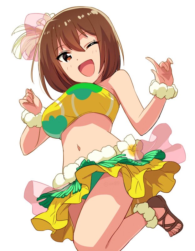 1girl ;d asada_hachi bare_shoulders bikini bob_cut breasts brown_eyes brown_footwear brown_hair female_focus floral_print flower hair_between_eyes hair_flower hair_ornament large_breasts leg_up long_sleeves navel one_eye_closed open_mouth sandals short_hair simple_background smile solo swimsuit takamiya_nasuno teekyuu white_background white_flower