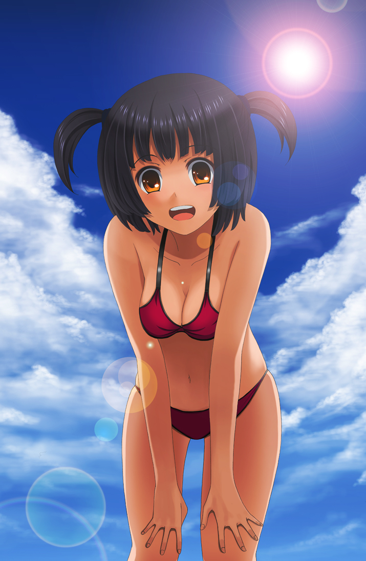 bad_id bad_pixiv_id bent_over bikini black_hair cloud day laco_soregashi lens_flare orange_eyes red_bikini short_hair solo sun swimsuit twintails