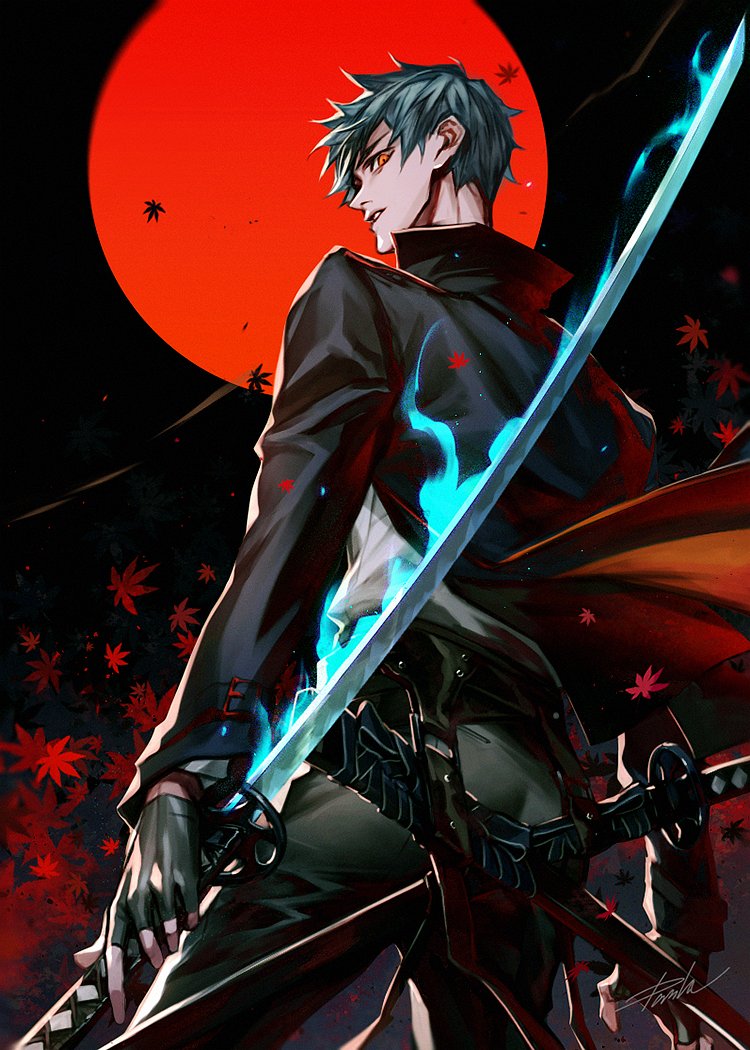 1boy arms_at_sides black_background black_coat black_gloves black_hair black_pants coat collared_coat cowboy_shot danhu fate/grand_order fate_(series) fingerless_gloves gloves glowing glowing_sword glowing_weapon holding holding_sword holding_weapon katana leaf long_coat long_sleeves looking_at_viewer looking_back male_focus maple_leaf moon pants profile red_eyes red_moon reverse_grip saitou_hajime_(fate) scabbard sheath shirt short_hair signature solo standing sword weapon white_shirt