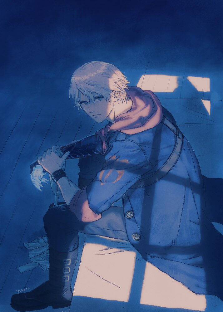 1boy black_footwear blue_coat blue_eyes boots closed_mouth coat devil_may_cry devil_may_cry_(series) devil_may_cry_4 looking_at_viewer male_focus mechanical_arms nero_(devil_may_cry) on_bed red_hood single_mechanical_arm sitting solo white_hair window_shadow yuko_(kana21235)