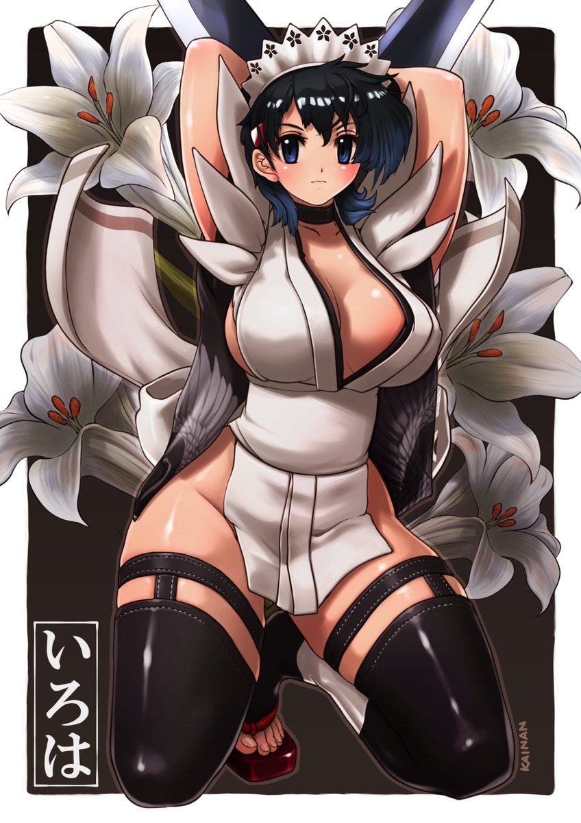 1girl apron armpits arms_behind_head black_hair black_thighhighs blue_eyes blush breasts butterfly_swords choker cleavage flipped_hair frilled_leotard frills hair_ornament highres huge_breasts iroha_(samurai_spirits) japanese_clothes kainan lace-trimmed_apron lace_trim large_breasts leotard looking_at_viewer maid maid_headdress maid_leotard multiple_swords samurai_spirits serious short_hair snk solo thighhighs thighs toeless_legwear unconventional_maid weapon