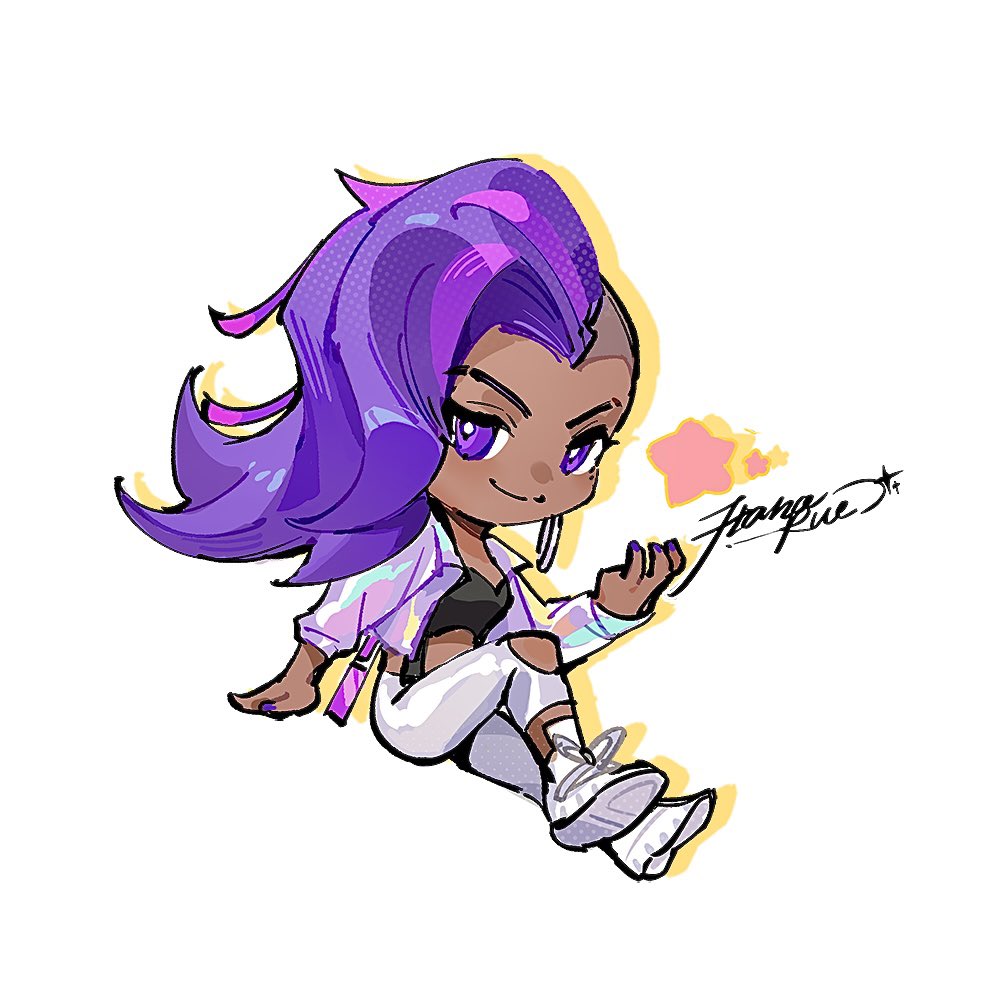 1girl alternate_costume asymmetrical_hair black_tube_top casual chibi closed_mouth commentary contemporary dark-skinned_female dark_skin english_commentary eyebrow_cut full_body hand_on_own_hip hand_up iridescent_jacket medium_hair outline overwatch overwatch_2 pants purple_eyes purple_hair purple_nails road_233 shaved_head shoes signature simple_background sitting smile sneakers solo sombra_(overwatch) strapless suspender_top torn_clothes torn_pants tube_top undercut white_background white_footwear white_pants yellow_outline