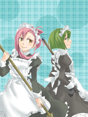 2girls :d bk blush broom brown_eyes cowboy_shot frills green_hair holding juliet_sleeves long_sleeves looking_at_viewer lowres maid maid_headdress mudo_(saji) multiple_girls open_mouth original pink_hair puffy_long_sleeves puffy_sleeves short_hair smile