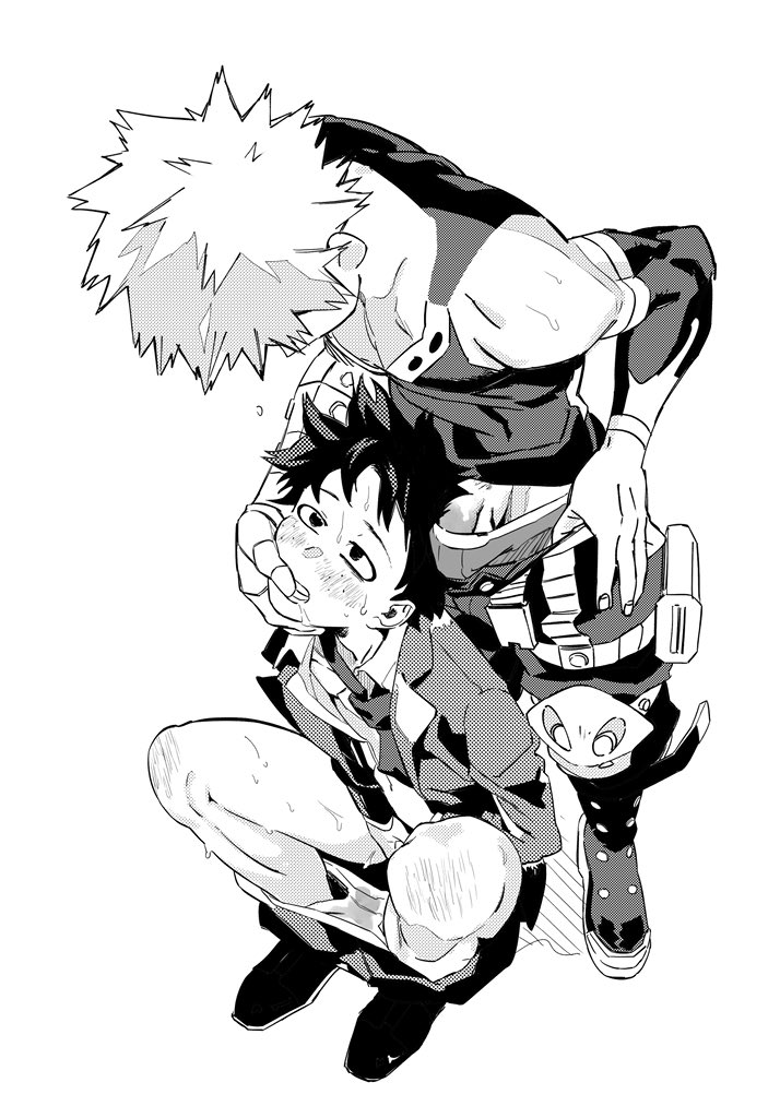 2boys bakugou_katsuki blush boku_no_hero_academia boots clothes_lift clothes_pull drooling elbow_sleeve finger_in_another&#039;s_mouth freckles gloves looking_at_another male_focus midoriya_izuku monochrome multiple_boys muscular muscular_male necktie open_clothes pants pants_pull pectoral_cleavage pectorals penis penis_peek redshu_ktdk shirt_lift shoes short_hair sitting spiked_hair standing superhero_costume tank_top testicle_peek undressing white_background