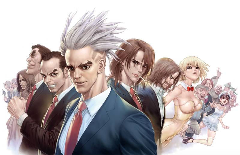 3girls 5boys beard blonde_hair boichi breasts brown_hair facial_hair formal_clothes kitano_ken large_breasts multiple_boys multiple_girls suit sun-ken_rock white_hair