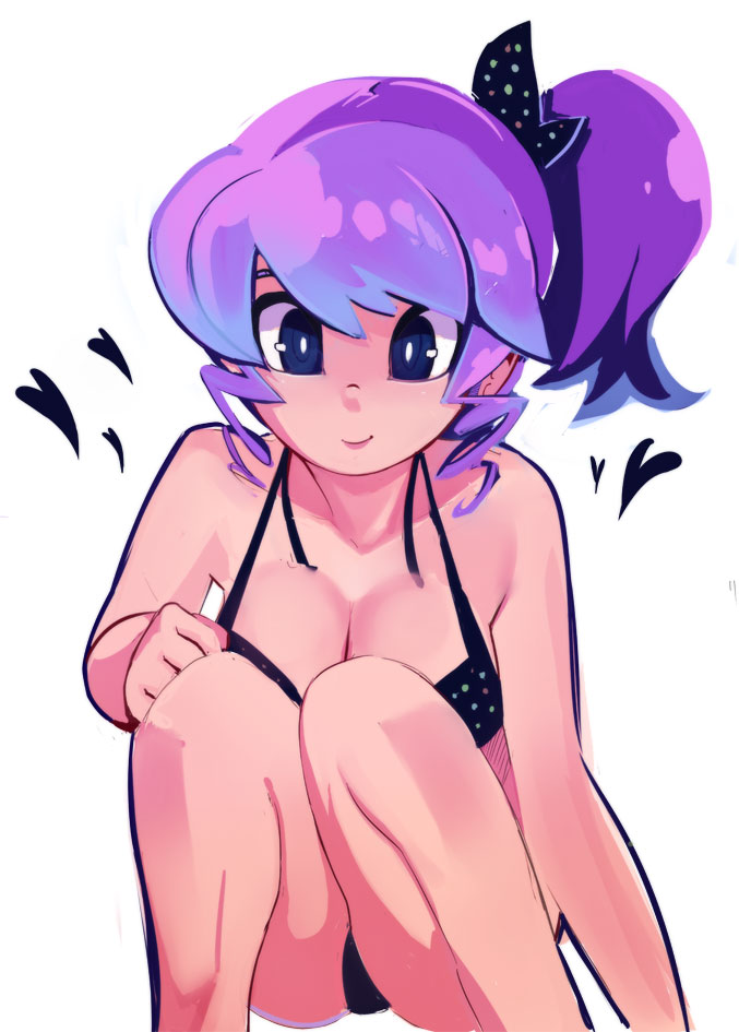 1girl bare_shoulders bikini blue_eyes bow breasts bright_pupils cleavage curly_hair djmax djmax_portable drill_hair female_focus hair_bow heart ladymade_star polka_dot polka_dot_bikini polka_dot_swimsuit ponytail purple_hair seha sho-n-d side_ponytail simple_background smile solo squatting swimsuit white_background