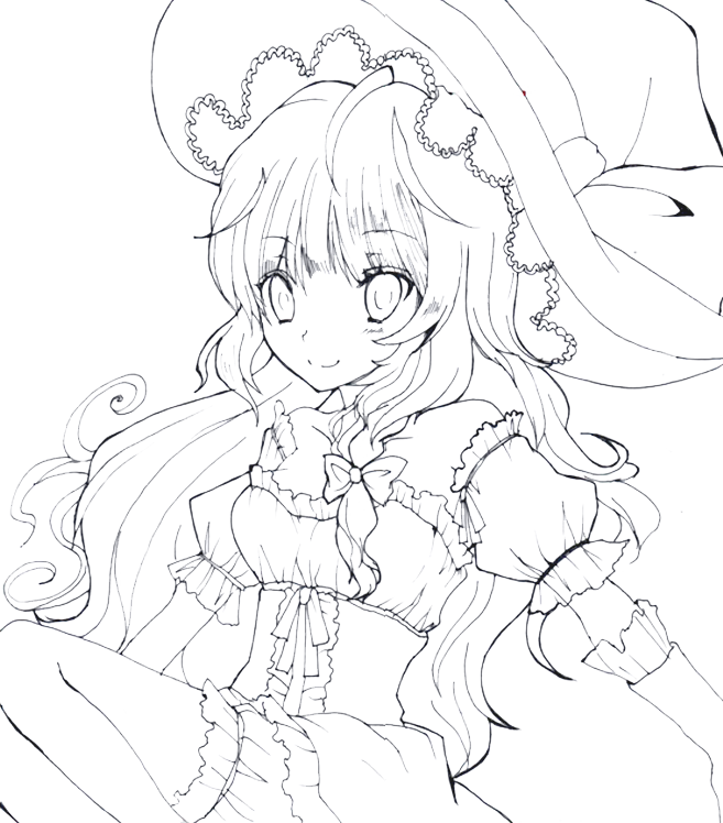 1girl female_focus frills hat kirisame_marisa kurekore lineart long_hair monochrome ribbon smile solo touhou transparent_background witch witch_hat