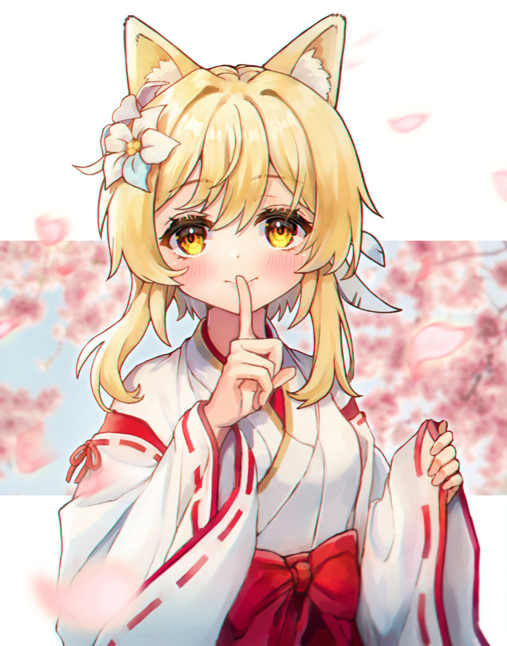 1girl animal_ears blonde_hair cherry_blossoms flower fox_ears genshin_impact hair_between_eyes hair_flower hair_ornament highres hue_oo japanese_clothes kimono lumine_(genshin_impact) medium_hair miko simple_background smile white_background yellow_eyes