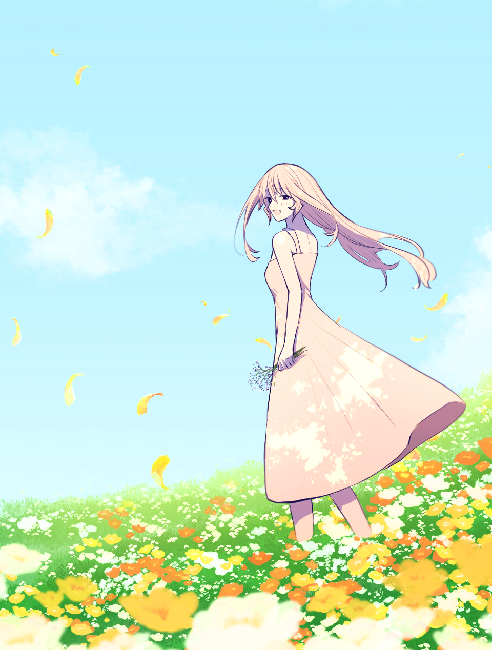 1girl :d bare_arms bare_shoulders breasts day dress field flower flower_field from_side highres holding holding_flower long_hair medium_breasts nakiri_erina open_mouth orange_flower outdoors red_flower shokugeki_no_souma smile solo toy-black white_flower