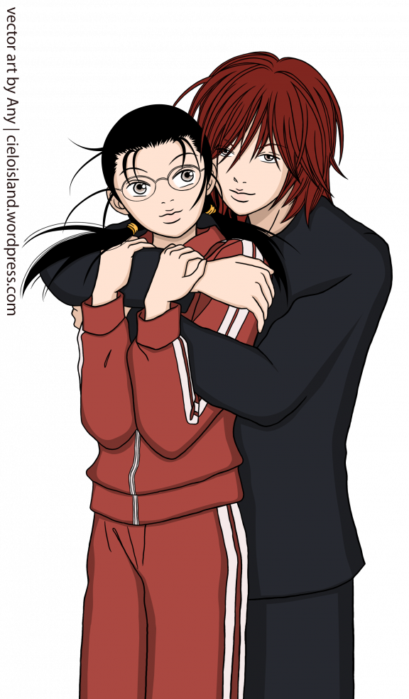 00s brown_eyes brown_hair gokusen hug long_hair red_hair sawada_shin school_uniform track_suit vector_trace yamaguchi_kumiko