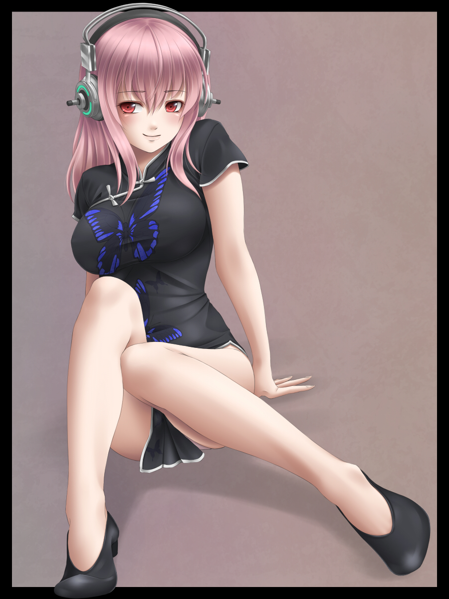 1girl arm_support bad_id bad_pixiv_id blush breasts bug butterfly china_dress chinese_clothes dress female_focus headphones highres insect large_breasts legs long_hair long_legs mochi.f nitroplus no_shoes no_socks pink_hair shirt sitting smile solo super_sonico taut_clothes taut_shirt thighs