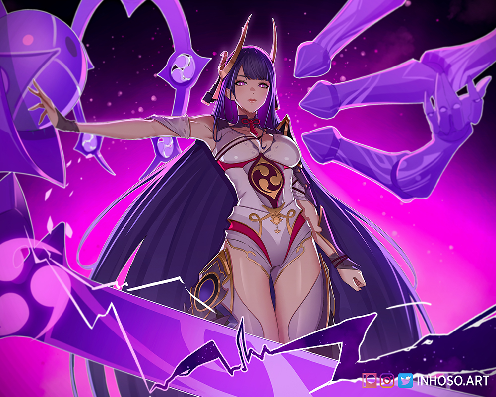 1girl blunt_bangs breasts bright_pupils cleavage cowboy_shot detached_collar electricity fighting_stance genshin_impact horns inhoso large_breasts lightning long_hair musou_isshin_(genshin_impact) neck_ribbon outstretched_arm purple_background purple_eyes purple_hair raiden_shogun raiden_shogun_(magatsu_mitake_narukami_no_mikoto) red_ribbon ribbon solo straight_hair very_long_hair watermark web_address