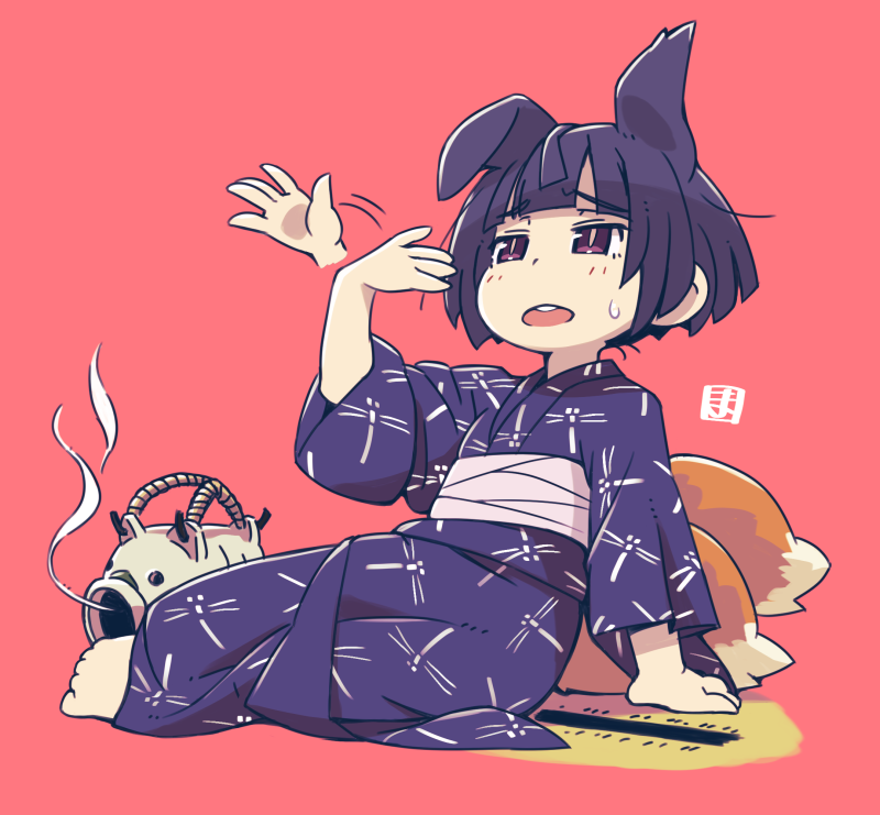 arm_support black_hair blue_kimono fanning_face fox_tail hot japanese_clothes kimono kukuri_(mawaru) mawaru_(mawaru) multiple_tails open_mouth original purple_eyes red_background round_teeth short_hair simple_background sitting sweat tail teeth upper_teeth_only