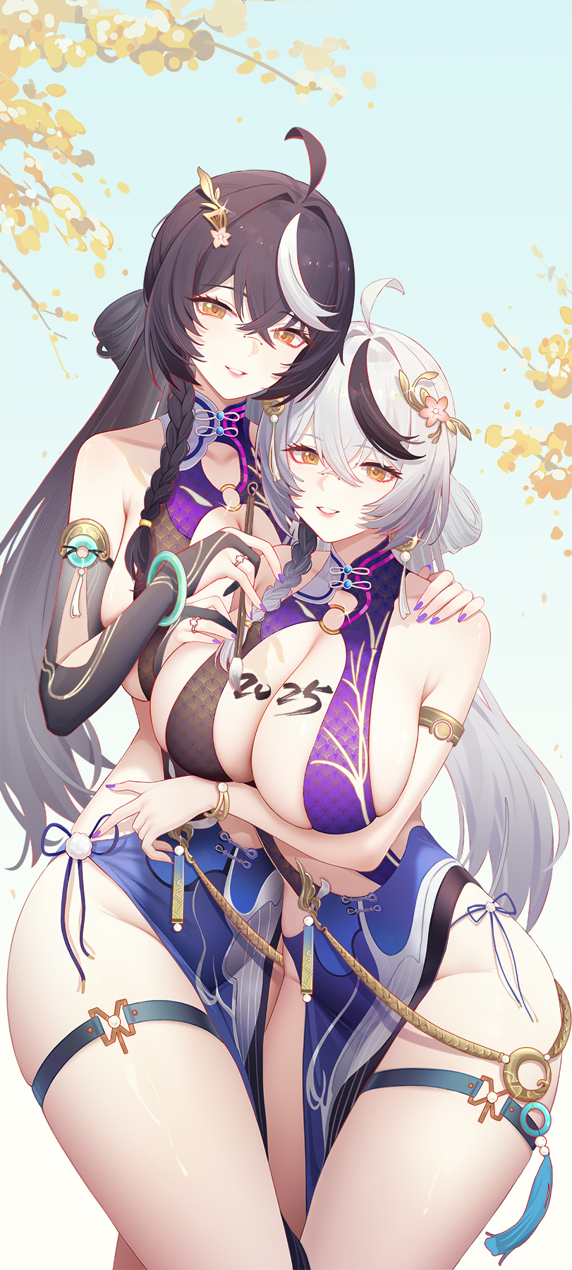 2girls bare_hips bare_shoulders breasts character_request china_dress chinese_clothes cleavage cleavage_cutout clothing_cutout collarbone dress groin hair_ornament highres jianshu large_breasts multiple_girls official_alternate_costume pelvic_curtain revealing_clothes snowbreak:_containment_zone tagme