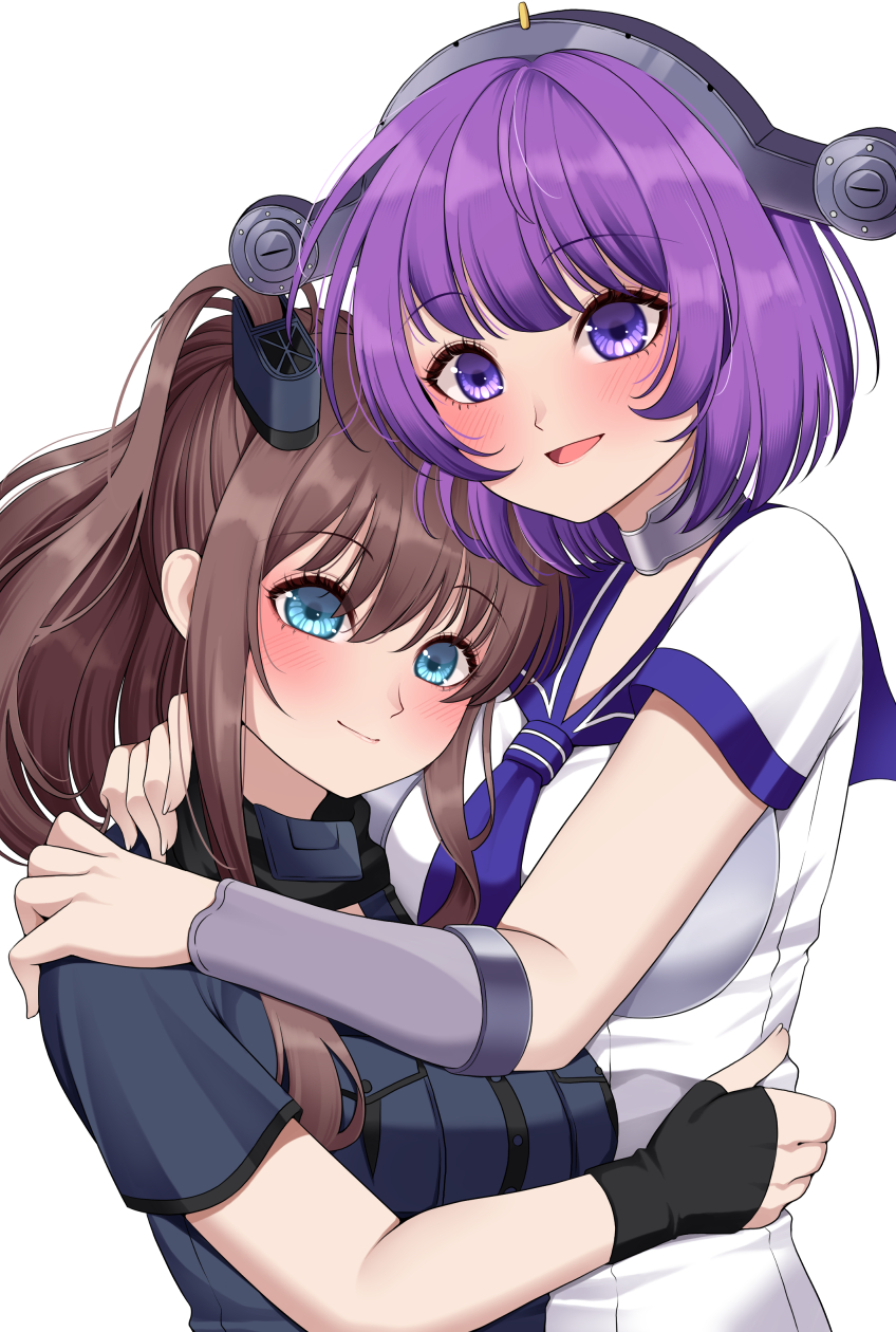 2girls black_dress black_gloves blue_eyes blue_necktie blue_sailor_collar breasts brown_hair dress fingerless_gloves gloves hair_between_eyes headgear high_side_ponytail highres hug kantai_collection large_breasts lexington_(kancolle) long_hair long_necktie medium_hair multiple_girls necktie ponytail purple_eyes purple_hair sailor_collar sailor_dress saratoga_(kancolle) saratoga_mk_ii_(kancolle) side_ponytail sidelocks smokestack_hair_ornament white_dress yomogi_dango