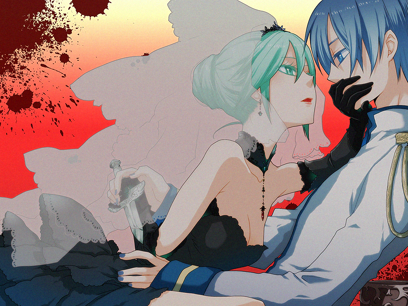 1boy 1girl aqua_eyes aqua_hair bad_id bad_pixiv_id bitte black_dress blood blue_eyes blue_hair breasts cendrillon cendrillon_(vocaloid) cleavage couple dagger dress elbow_gloves artistic_error gloves hair_bun hatsune_miku hetero kaito_(vocaloid) knife lipstick makeup single_hair_bun small_breasts veil vocaloid weapon