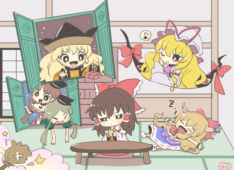 6+girls annoyed black_headwear blonde_hair blue_skirt bow bright_pupils broom brown_hair chibi commentary_request cup detached_sleeves doorway dress eighth_note closed_eyes fang gap_(touhou) green_hair hair_tubes hakurei_reimu hand_on_another&#039;s_head hand_up hat hat_ribbon holding holding_cup horn_ornament horn_ribbon horns ibuki_suika indoors long_hair long_sleeves lying matara_okina mob_cap multiple_girls musical_note nishida_satono on_back one_eye_closed open_mouth purple_ribbon red_bow red_eyes red_ribbon ribbon short_sleeves sitting skirt smile spoken_musical_note star_(symbol) tabard table tate_eboshi teireida_mai thighhighs touhou white_dress white_headwear white_pupils yakumo_yukari yoshishi_(yosisitoho) yunomi zettai_ryouiki