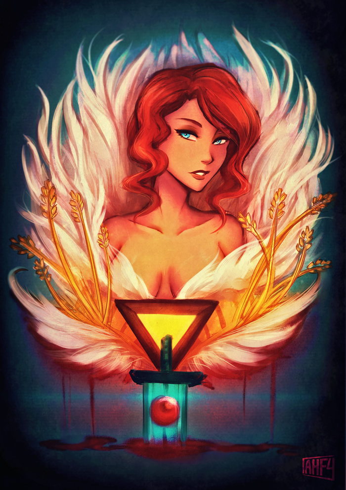 1girl blue_eyes breasts eyeshadow feathers female_focus huge_weapon iahfy lips lipstick makeup planted planted_sword planted_weapon red_(transistor) red_hair short_hair solo sword the_transistor transistor_(game) weapon