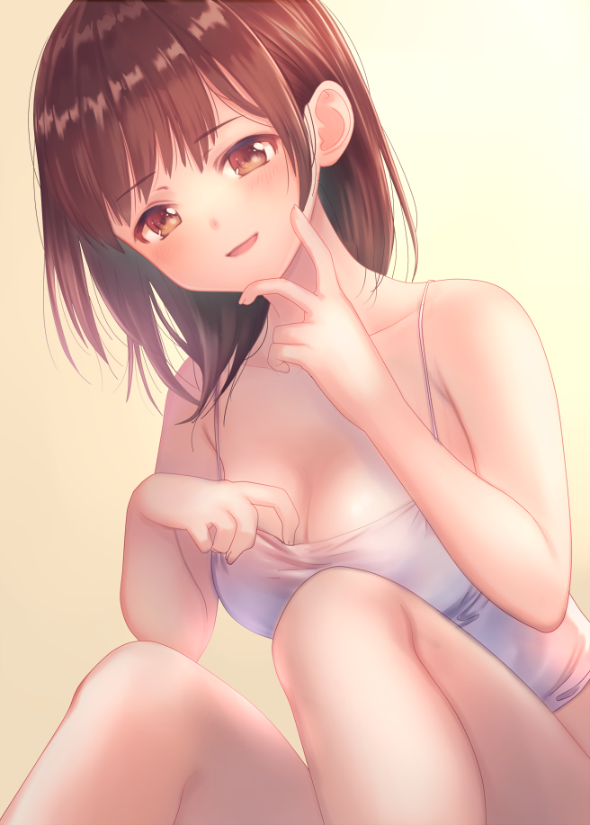 1girl :d bare_legs bare_shoulders blush breasts brown_eyes brown_hair camisole cleavage collarbone female_focus hand_on_own_face head_tilt knees_up large_breasts leaning_forward long_hair looking_at_viewer nishizawa open_mouth original parted_lips seductive_smile simple_background sitting smile solo spaghetti_strap yellow_background