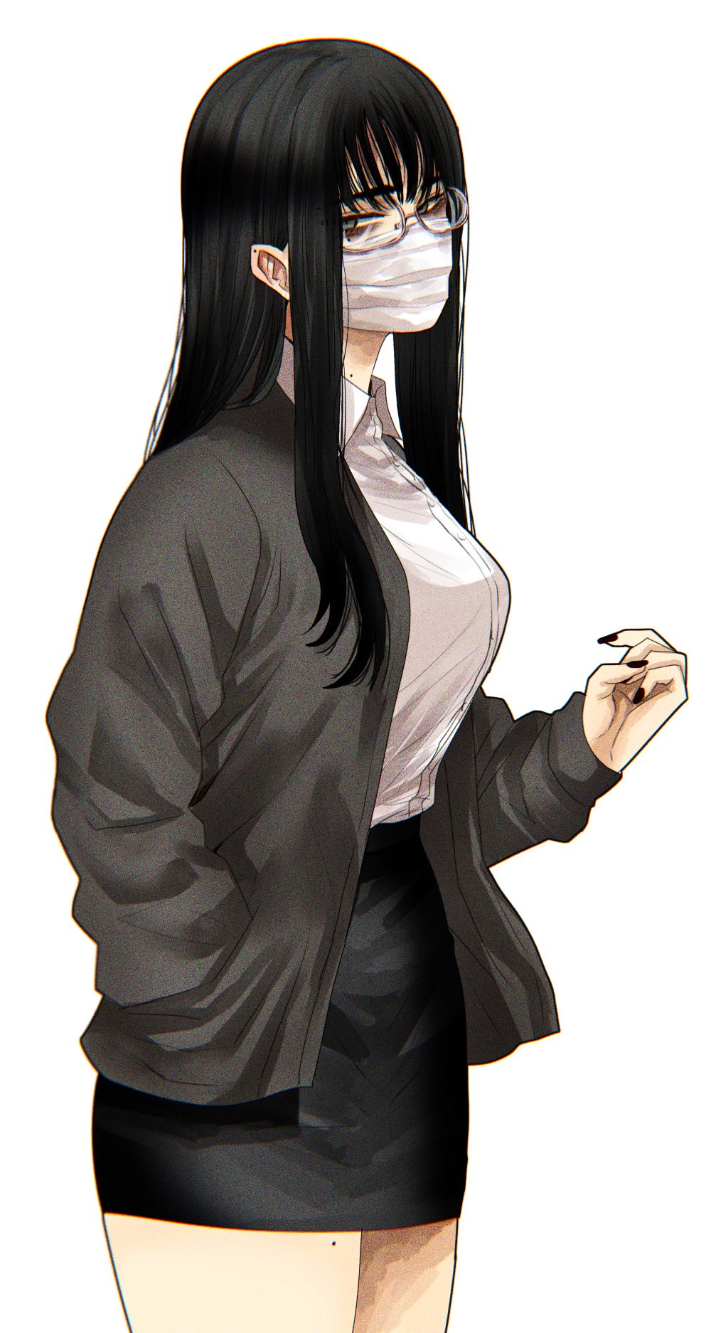 1girl bags_under_eyes black_hair black_nails black_skirt commentary_request eyebrows_hidden_by_hair film_grain glasses gunjyou_(gunjyou_00) hand_in_pocket highres long_hair mole mole_on_ear mole_on_neck mole_on_thigh mole_under_eye nail_polish office_lady original pencil_skirt semi-rimless_eyewear skirt solo