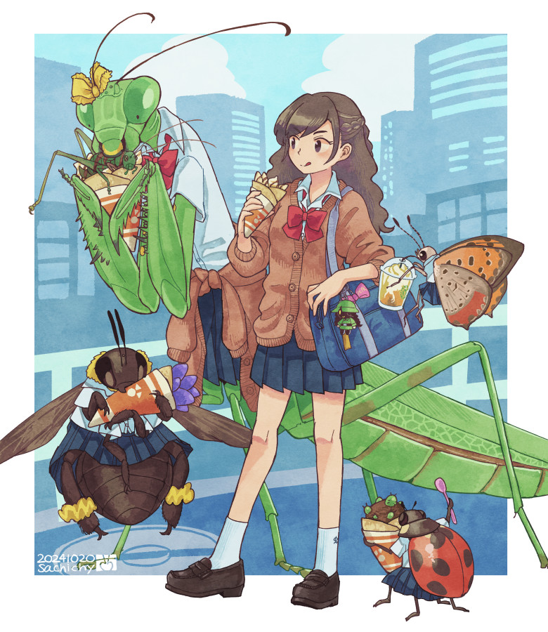 1girl :q aizawa_sachi animal antennae bag bee black_footwear black_hair blue_bag blue_skirt border bow bowtie brown_cardigan bug building butterfly cardigan cardigan_around_waist city clothed_animal clothes_around_waist crepe cup dated disposable_cup eating food half_up_braid holding holding_food insect insect_wings ladybug long_hair original outdoors outside_border pleated_skirt praying_mantis red_bow red_bowtie shoes skirt socks spoon tongue tongue_out white_border white_socks wings yellow_bow