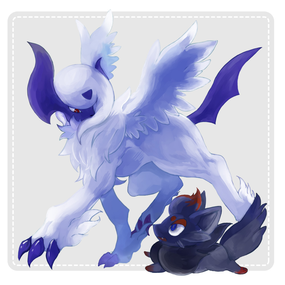 absol animal_focus blue_eyes bright_pupils claws creatures_(company) fang feathered_wings game_freak gen_3_pokemon gen_5_pokemon horns long_hair looking_down looking_up marcoboolo mega_absol mega_pokemon nintendo no_humans open_mouth pawpads pokemon pokemon_(creature) red_eyes running walking white_hair white_pupils wings zorua